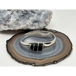 Heavy Vintage Mexican Sterling Onyx Clamper Bangle Bracelet